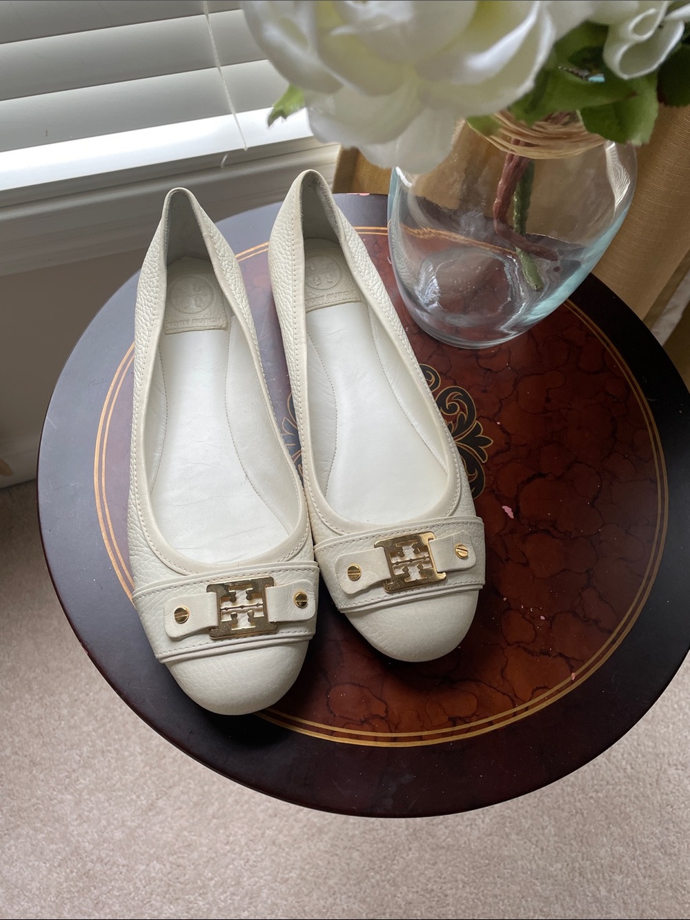 Tory Burch Cream Leather Logo Ballet Flats